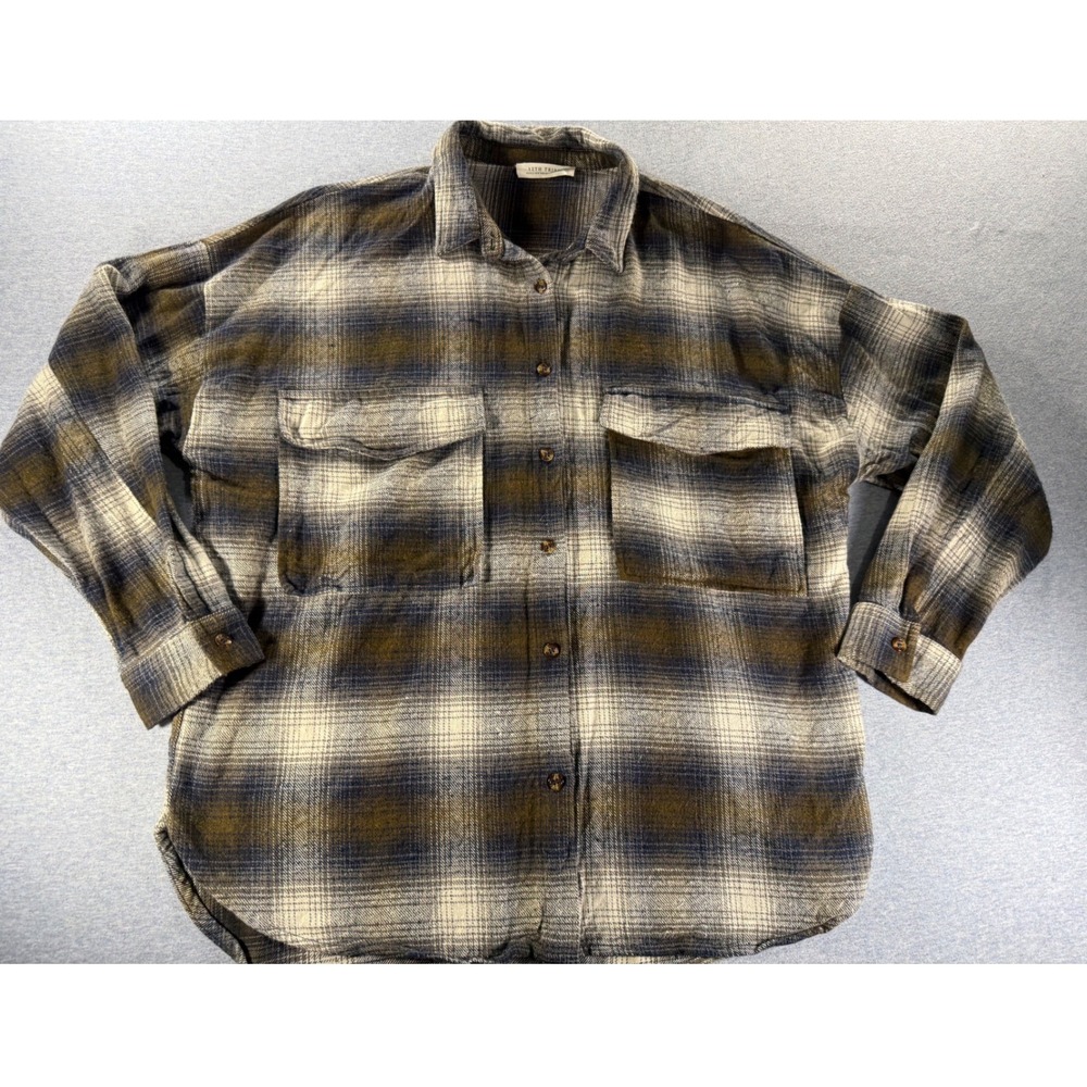 12th Tribe Plaid Flannel Button Down Shirt Oversized Olive Blue One Size OS